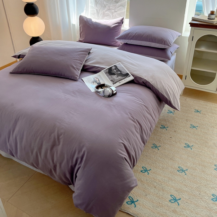 91家纺网 家纺一手货源 找家纺 丽卡家纺（原丽卡家纺） 2024新款A类艾阳棉双拼纯色四件套 风信紫+灰紫