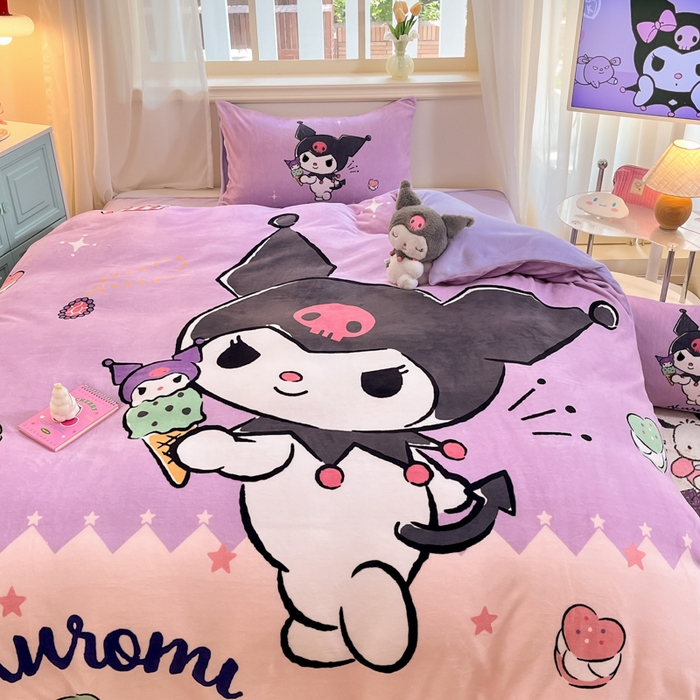 91家纺网 家纺一手货源 找家纺 A类母婴级库洛米美乐蒂三丽鸥正版授权卡通儿童牛奶绒双面牛奶绒四件套珊瑚绒四件套 绒大版-R冰淇淋甜心库洛米