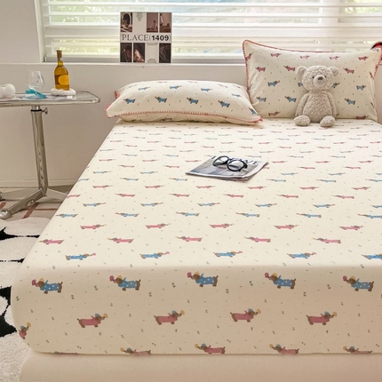 91家纺网 家纺一手货源 找家纺 （买家秀 不断货）A类母婴级全棉纯棉床单纯棉全棉床笠双层纱床笠床罩卡通床笠儿童床垫套保护罩--单床笠 花花狗（床笠）