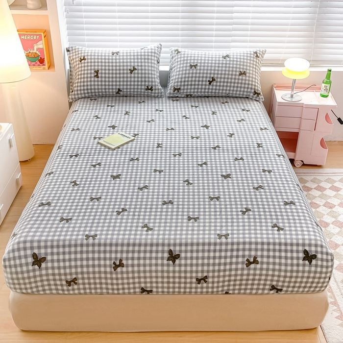 91家纺网 家纺一手货源 找家纺 芯元素 2024新款牛奶绒印花床笠 蝴蝶结-灰