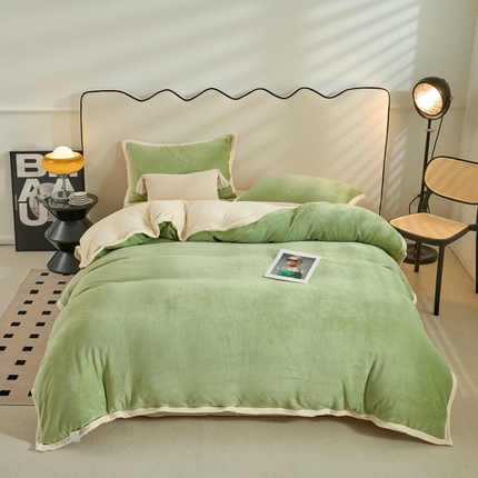 （买家秀爆款不断货）A类母婴级简约纯色宽边款双拼牛奶绒珊瑚绒四件套雪花绒四件套纯色牛奶绒四件套 瑞丽-米绿