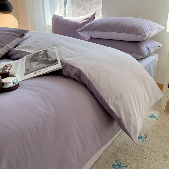 91家纺网 家纺一手货源 找家纺 丽卡家纺（原丽卡家纺） 2024新款A类艾阳棉双拼纯色四件套 风信紫+灰紫