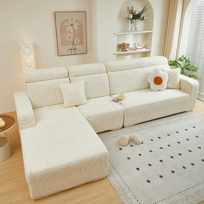 91家纺网 家纺一手货源 找家纺 丝绮鹿 2024新款曲意松紧款沙发套（贵妃图） 米白