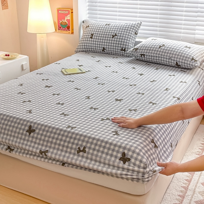 91家纺网 家纺一手货源 找家纺 芯元素 2024新款牛奶绒印花床笠 蝴蝶结-灰