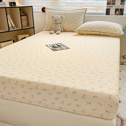 （买家秀 不断货）A类母婴级全棉纯棉床单纯棉全棉床笠双层纱床笠床罩卡通床笠儿童床垫套保护罩--单床笠 赖床猫猫（床笠）