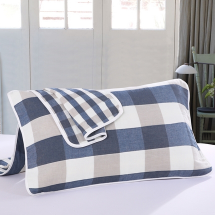 （买家秀爆款花型不断货）A类母婴级全棉纯棉六层纱多功能枕巾多层宽边枕巾无印风流苏纱布枕巾50*80cm/对 大格子蓝色