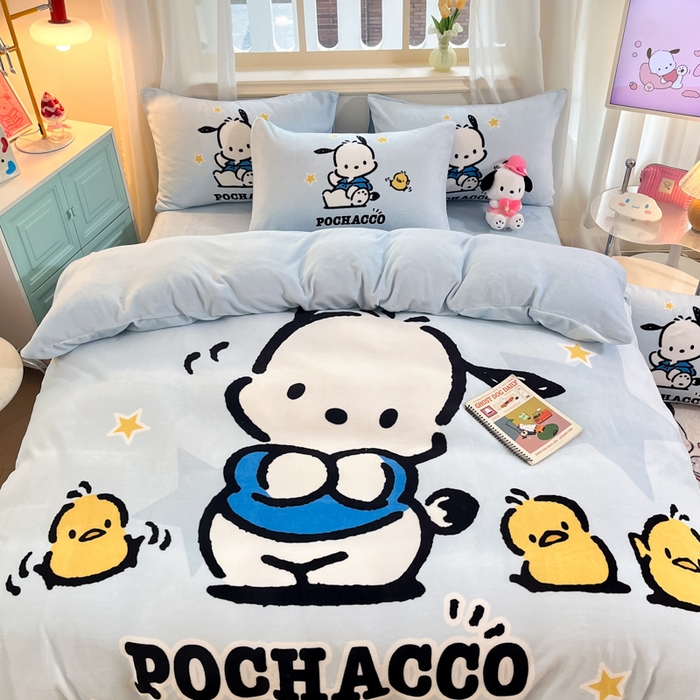 91家纺网 家纺一手货源 找家纺 A类母婴级库洛米美乐蒂三丽鸥正版授权卡通儿童牛奶绒双面牛奶绒四件套珊瑚绒四件套 绒大版-R可爱小鸡帕恰狗