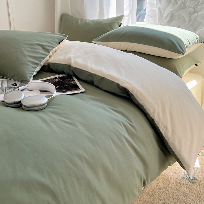 91家纺网 家纺一手货源 找家纺 丽卡家纺（原丽卡家纺） 2024新款A类艾阳棉双拼纯色四件套 松霜绿+象牙白