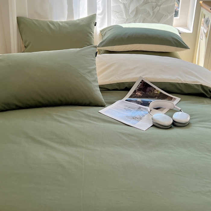 91家纺网 家纺一手货源 找家纺 丽卡家纺（原丽卡家纺） 2024新款A类艾阳棉双拼纯色四件套 松霜绿+象牙白