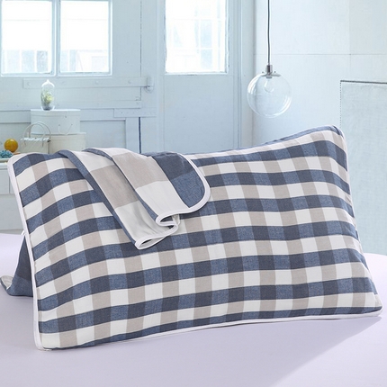 91家纺网 家纺一手货源 找家纺 （买家秀爆款花型不断货）A类母婴级全棉纯棉六层纱多功能枕巾多层宽边枕巾无印风流苏纱布枕巾50*80cm/对 小格子蓝色