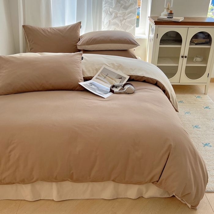 91家纺网 家纺一手货源 找家纺 丽卡家纺（原丽卡家纺） 2024新款A类艾阳棉双拼纯色四件套 太妃咖+浅香槟