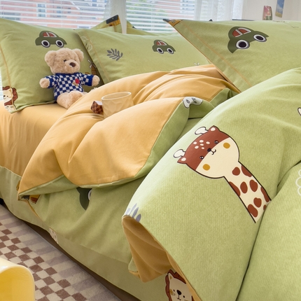 91家纺网 家纺一手货源 找家纺 （优质买家秀 热卖不断货）A类母婴级纯棉全棉磨毛全棉纯棉全棉磨毛四件套百分百纯棉全棉磨毛四件套 开心乐园绿