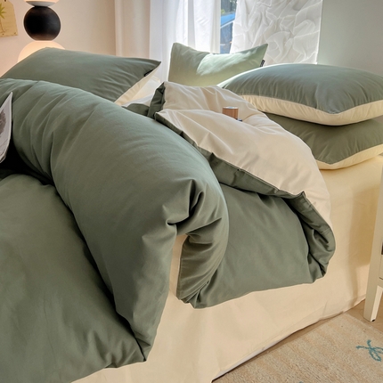 丽卡家纺（原丽卡家纺） 2024新款A类艾阳棉双拼纯色四件套 松霜绿+象牙白