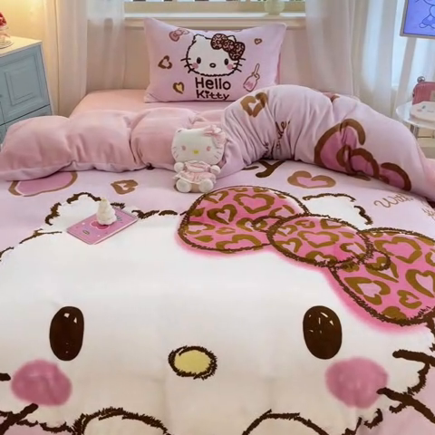 91家纺网 家纺一手货源 找家纺 A类母婴级库洛米美乐蒂三丽鸥正版授权卡通儿童牛奶绒双面牛奶绒四件套珊瑚绒四件套 绒大版-R粉粉豹纹kitty