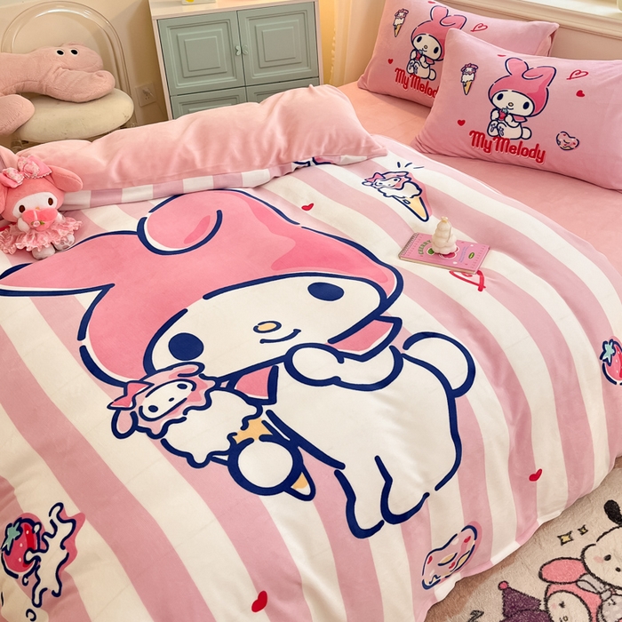 91家纺网 家纺一手货源 找家纺 A类母婴级库洛米美乐蒂三丽鸥正版授权卡通儿童牛奶绒双面牛奶绒四件套珊瑚绒四件套 绒大版-R草莓冰淇淋美乐蒂