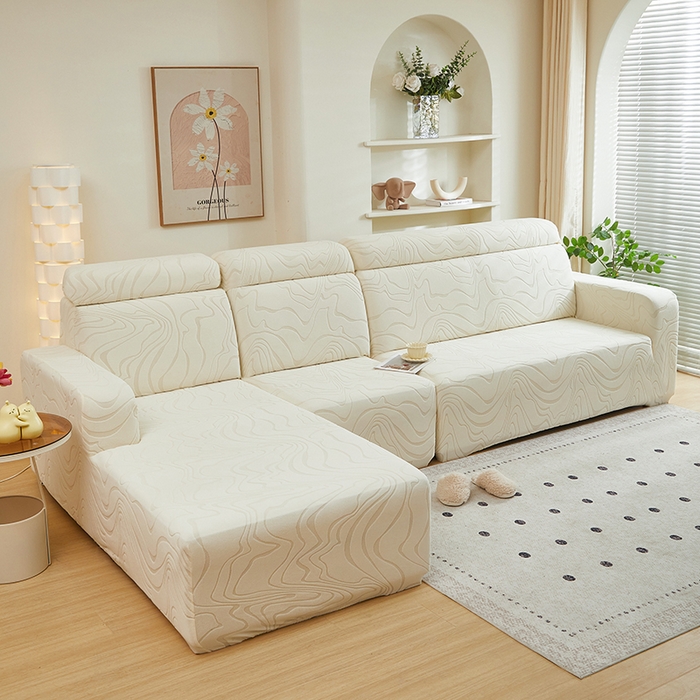 91家纺网 家纺一手货源 找家纺 丝绮鹿 2024新款曲意松紧款沙发套（贵妃图） 米白