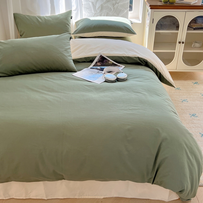 91家纺网 家纺一手货源 找家纺 丽卡家纺（原丽卡家纺） 2024新款A类艾阳棉双拼纯色四件套 松霜绿+象牙白