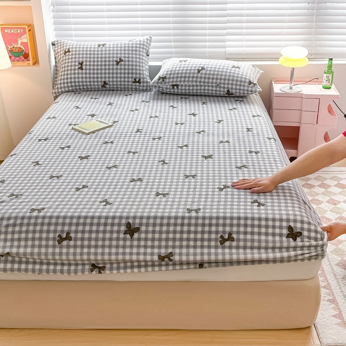 91家纺网 家纺一手货源 找家纺 芯元素 2024新款牛奶绒印花床笠 蝴蝶结-灰