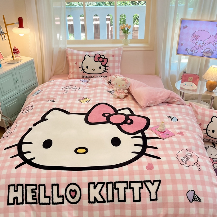 91家纺网 家纺一手货源 找家纺 A类母婴级库洛米美乐蒂三丽鸥正版授权卡通儿童牛奶绒双面牛奶绒四件套珊瑚绒四件套 绒大版-R粉格香香kitty