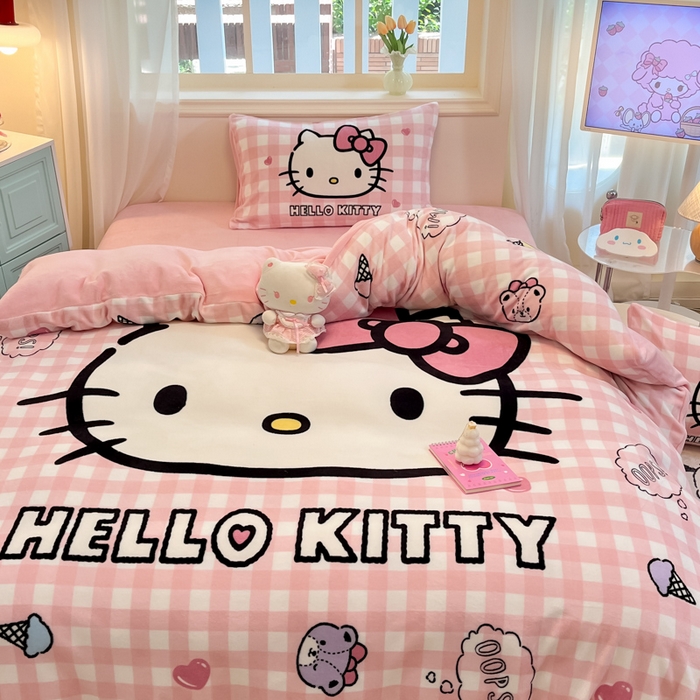 91家纺网 家纺一手货源 找家纺 A类母婴级库洛米美乐蒂三丽鸥正版授权卡通儿童牛奶绒双面牛奶绒四件套珊瑚绒四件套 绒大版-R粉格香香kitty