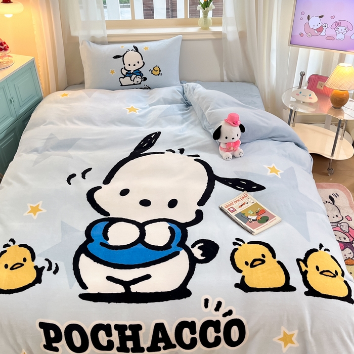 91家纺网 家纺一手货源 找家纺 A类母婴级库洛米美乐蒂三丽鸥正版授权卡通儿童牛奶绒双面牛奶绒四件套珊瑚绒四件套 绒大版-R可爱小鸡帕恰狗