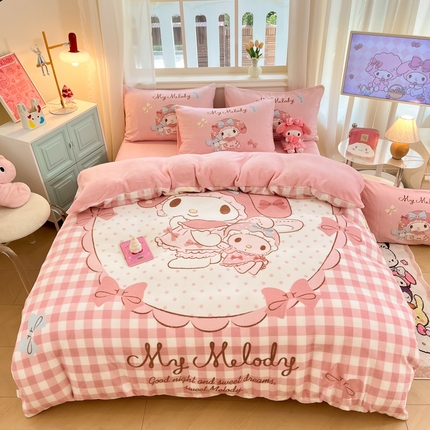 91家纺网 家纺一手货源 找家纺 （总）A类母婴级库洛米美乐蒂三丽鸥正版授权卡通儿童牛奶绒双面牛奶绒四件套珊瑚绒四件套