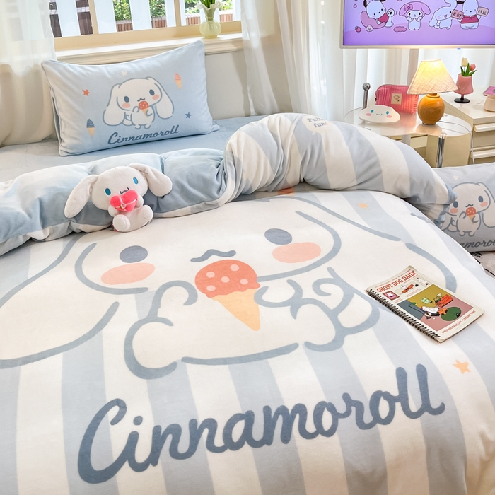 91家纺网 家纺一手货源 找家纺 A类母婴级库洛米美乐蒂三丽鸥正版授权卡通儿童牛奶绒双面牛奶绒四件套珊瑚绒四件套 绒大版-R蓝条冰淇淋大耳狗