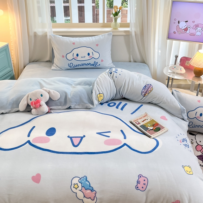 91家纺网 家纺一手货源 找家纺 A类母婴级库洛米美乐蒂三丽鸥正版授权卡通儿童牛奶绒双面牛奶绒四件套珊瑚绒四件套 绒大版-R开心大耳狗