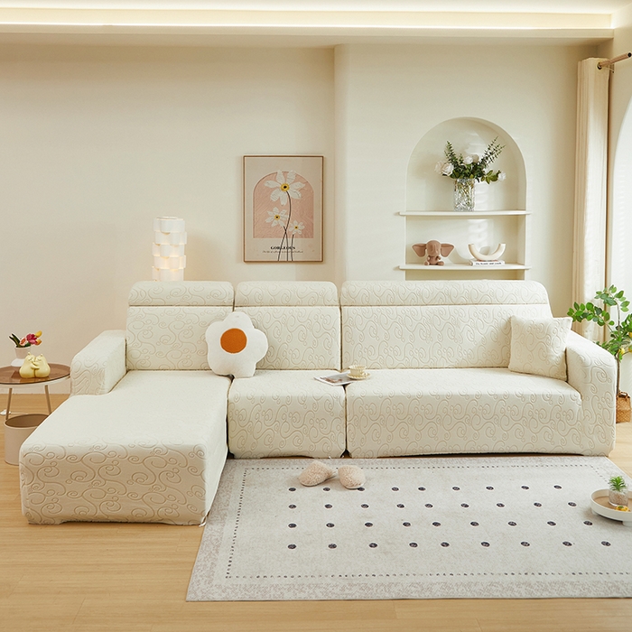 91家纺网 家纺一手货源 找家纺 丝绮鹿 2024新款年华松紧款沙发套（贵妃图） 米白