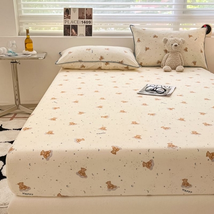 91家纺网 家纺一手货源 找家纺 （买家秀 不断货）A类母婴级全棉纯棉床单纯棉全棉床笠双层纱床笠床罩卡通床笠儿童床垫套保护罩--单床笠 星星小熊（床笠）