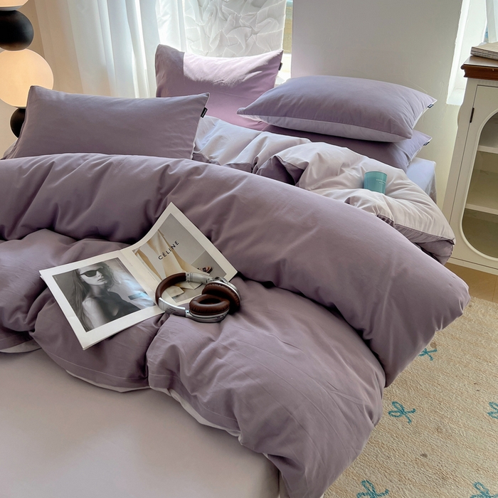 91家纺网 家纺一手货源 找家纺 丽卡家纺（原丽卡家纺） 2024新款A类艾阳棉双拼纯色四件套 风信紫+灰紫