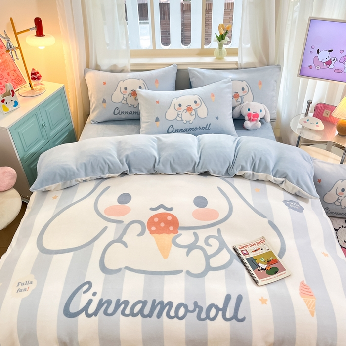 91家纺网 家纺一手货源 找家纺 A类母婴级库洛米美乐蒂三丽鸥正版授权卡通儿童牛奶绒双面牛奶绒四件套珊瑚绒四件套 绒大版-R蓝条冰淇淋大耳狗