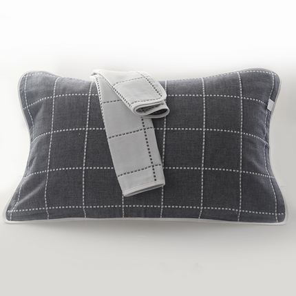 （买家秀爆款花型不断货）A类母婴级全棉纯棉六层纱多功能枕巾多层宽边枕巾无印风流苏纱布枕巾50*80cm/对 虚线格蓝