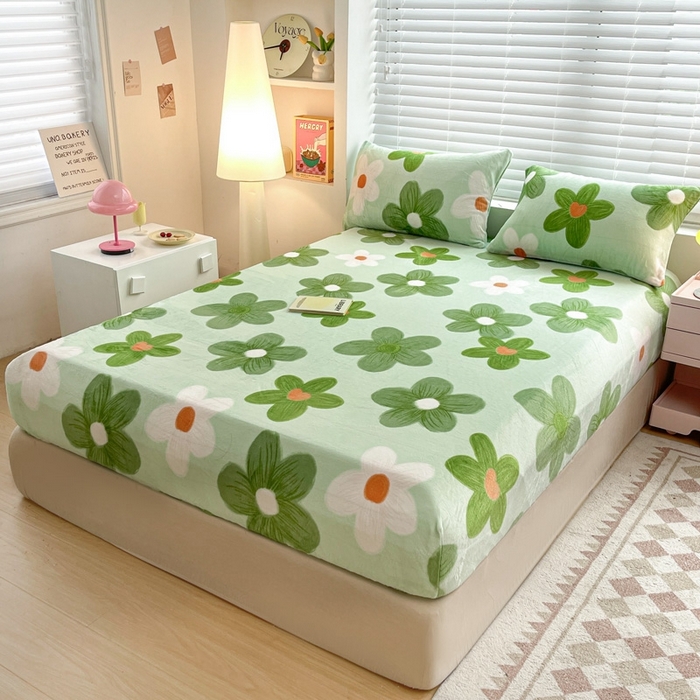 91家纺网 家纺一手货源 找家纺 芯元素 2024新款牛奶绒印花床笠 浪漫花语-绿