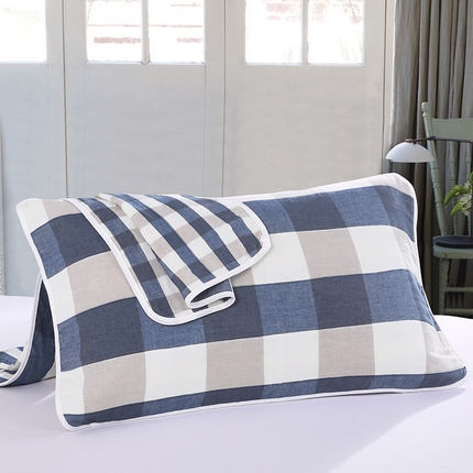 91家纺网 家纺一手货源 找家纺 （买家秀爆款花型不断货）A类母婴级全棉纯棉六层纱多功能枕巾多层宽边枕巾无印风流苏纱布枕巾50*80cm/对 大格子蓝色