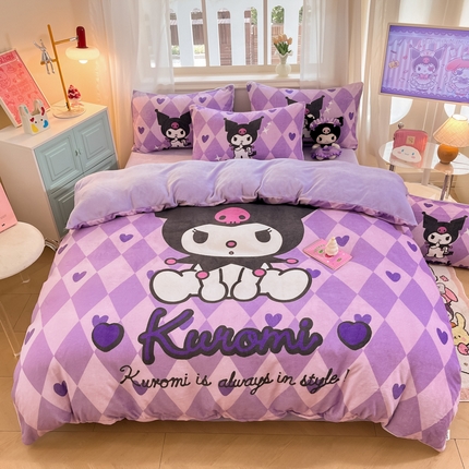 91家纺网 家纺一手货源 找家纺 （总）A类母婴级库洛米美乐蒂三丽鸥正版授权卡通儿童牛奶绒双面牛奶绒四件套珊瑚绒四件套