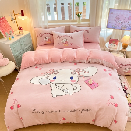 91家纺网 家纺一手货源 找家纺 （总）A类母婴级库洛米美乐蒂三丽鸥正版授权卡通儿童牛奶绒双面牛奶绒四件套珊瑚绒四件套