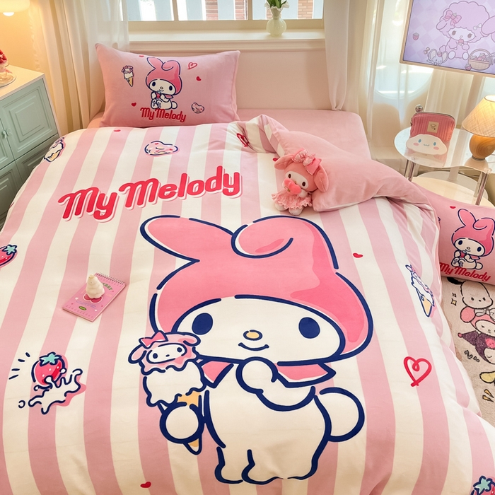 91家纺网 家纺一手货源 找家纺 A类母婴级库洛米美乐蒂三丽鸥正版授权卡通儿童牛奶绒双面牛奶绒四件套珊瑚绒四件套 绒大版-R草莓冰淇淋美乐蒂