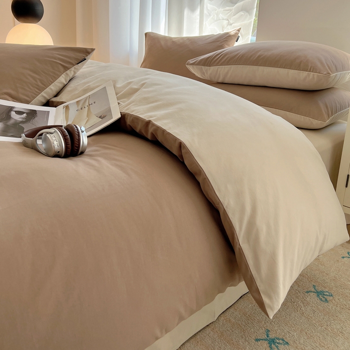 91家纺网 家纺一手货源 找家纺 丽卡家纺（原丽卡家纺） 2024新款A类艾阳棉双拼纯色四件套 太妃咖+浅香槟