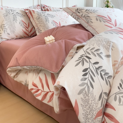 91家纺网 家纺一手货源 找家纺 （优质买家秀 热卖不断货）A类母婴级纯棉全棉磨毛全棉纯棉全棉磨毛四件套百分百纯棉全棉磨毛四件套 枫林晚-粉