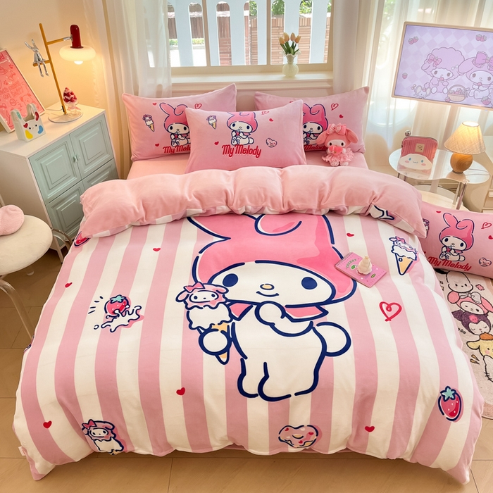 91家纺网 家纺一手货源 找家纺 A类母婴级库洛米美乐蒂三丽鸥正版授权卡通儿童牛奶绒双面牛奶绒四件套珊瑚绒四件套 绒大版-R草莓冰淇淋美乐蒂