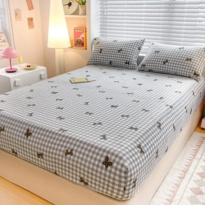 91家纺网 家纺一手货源 找家纺 芯元素 2024新款牛奶绒印花床笠 蝴蝶结-灰