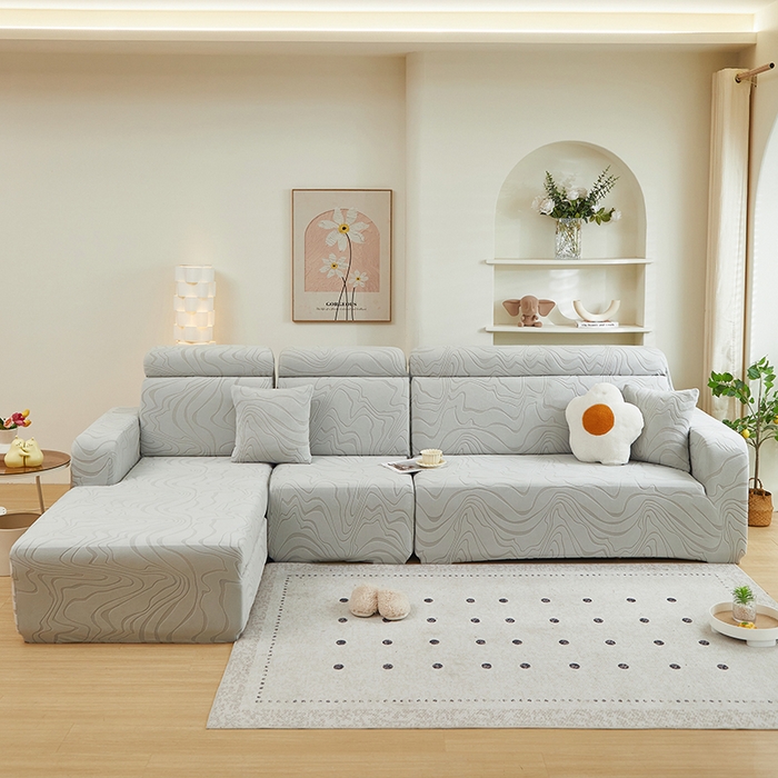 91家纺网 家纺一手货源 找家纺 丝绮鹿 2024新款曲意松紧款沙发套（贵妃图） 浅灰