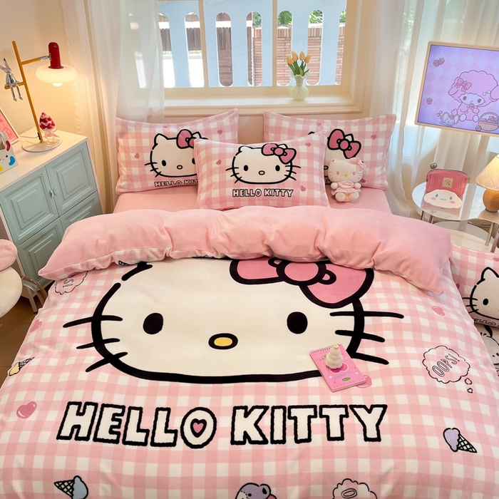 91家纺网 家纺一手货源 找家纺 A类母婴级库洛米美乐蒂三丽鸥正版授权卡通儿童牛奶绒双面牛奶绒四件套珊瑚绒四件套 绒大版-R粉格香香kitty