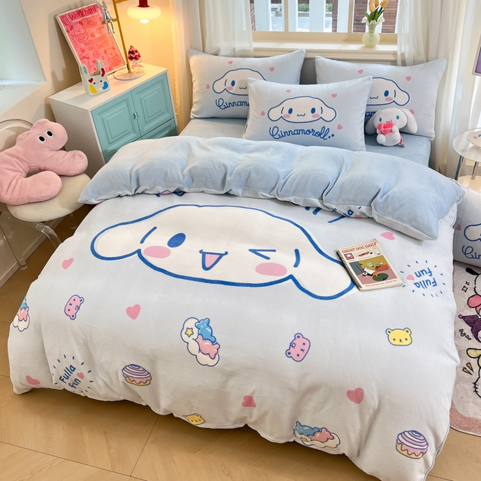 91家纺网 家纺一手货源 找家纺 A类母婴级库洛米美乐蒂三丽鸥正版授权卡通儿童牛奶绒双面牛奶绒四件套珊瑚绒四件套 绒大版-R开心大耳狗