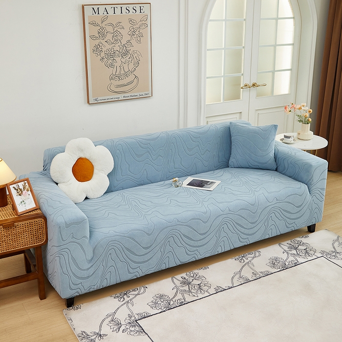 91家纺网 家纺一手货源 找家纺 丝绮鹿 2024新款曲意松紧款沙发套（三人图） 淡蓝