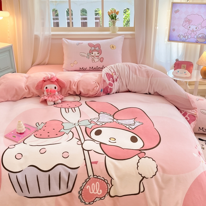 91家纺网 家纺一手货源 找家纺 A类母婴级库洛米美乐蒂三丽鸥正版授权卡通儿童牛奶绒双面牛奶绒四件套珊瑚绒四件套 绒大版-R草莓蛋糕美乐蒂