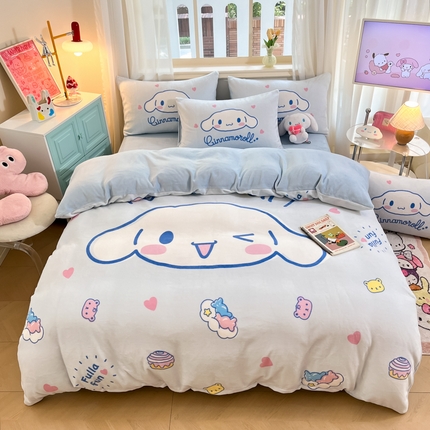 A类母婴级库洛米美乐蒂三丽鸥正版授权卡通儿童牛奶绒双面牛奶绒四件套珊瑚绒四件套 绒大版-R开心大耳狗