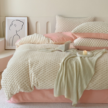 91家纺网 家纺一手货源 找家纺 （总）（买家秀爆款不断货）A类母婴级简约纯色双拼牛奶绒珊瑚绒四件套雪花绒四件套纯色金龟绒牛奶绒四件套