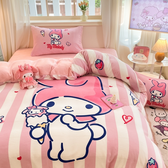 91家纺网 家纺一手货源 找家纺 A类母婴级库洛米美乐蒂三丽鸥正版授权卡通儿童牛奶绒双面牛奶绒四件套珊瑚绒四件套 绒大版-R草莓冰淇淋美乐蒂